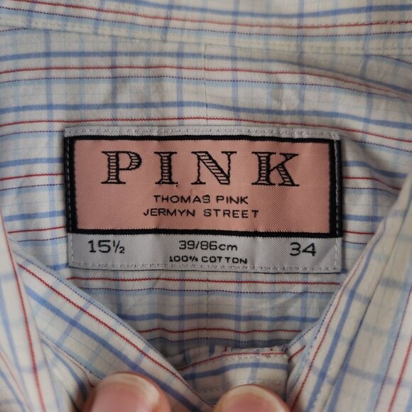 Thomas Pink Long Sleeve Button Up Cotton Red White Blue Check 15.5 34 Men French - Picture 10 of 15